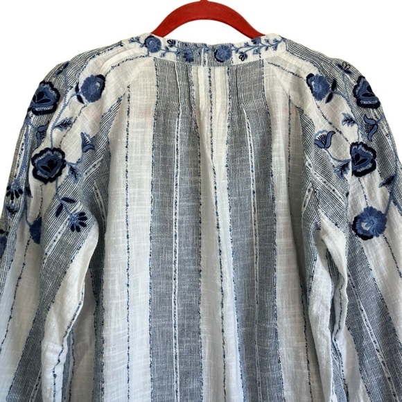 New Directions Embroidered Boho Split Neck Peasant Blouse Blue White Tassels XL - Picture 11 of 16